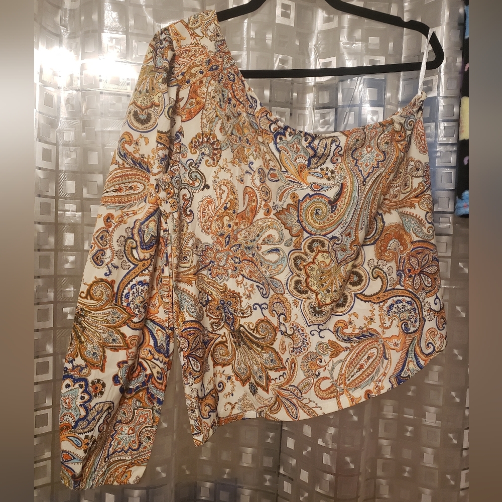 Paisley Asymmetrical Blouse - Orange, Blue, Cream